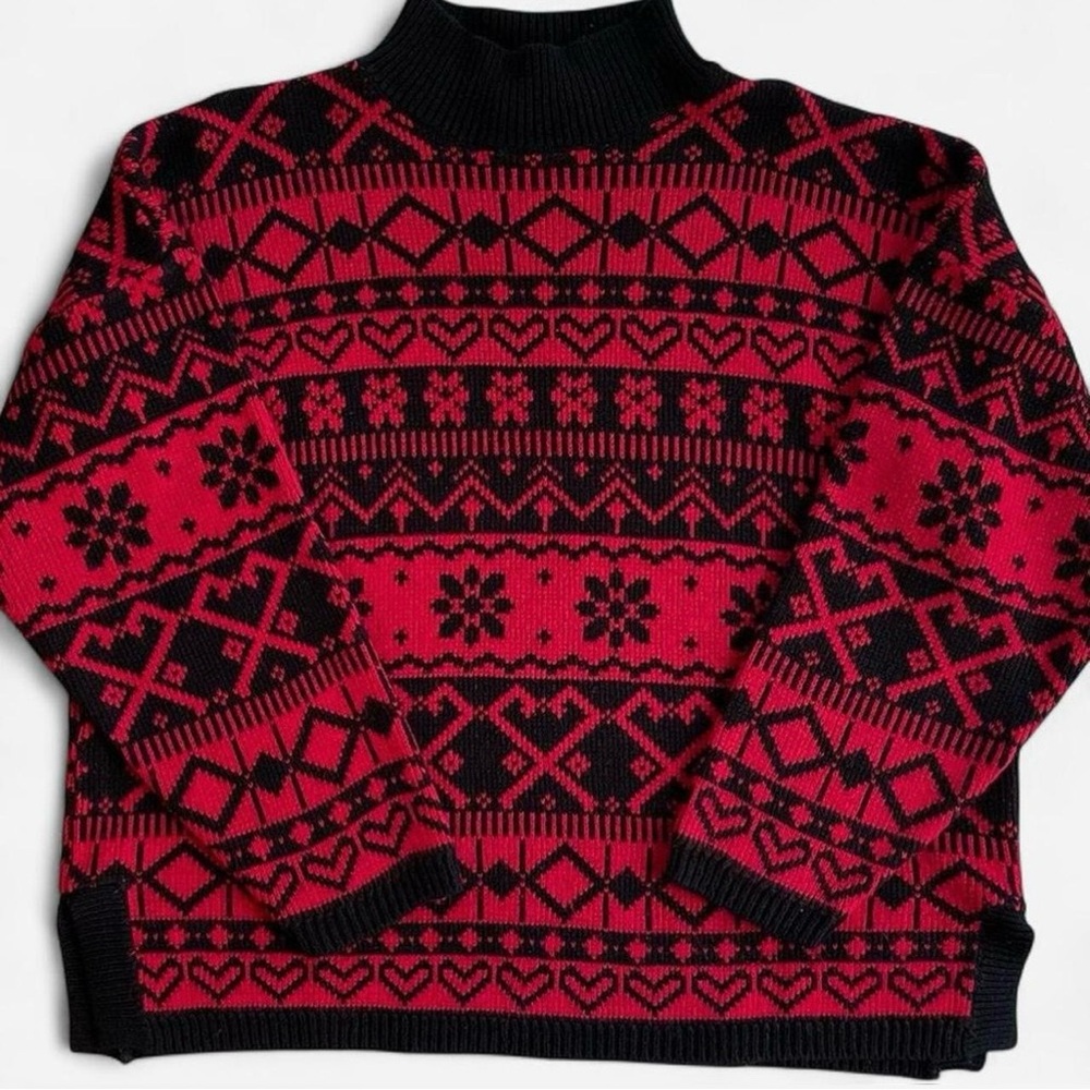 Vintage Stefano International Red Black Hearts and Snowflakes Mockneck Sweater